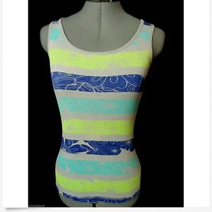 KIRRA PAC SUN Tank top SM Hawaiian Floral Gray Blue Green stripe Ribbed T-shirt